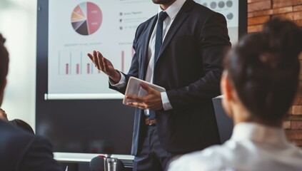 A businessperson delivering a persuasive sales pitch to potential customers