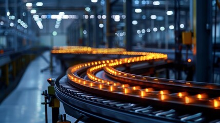 Naklejka premium Data-Driven Efficiency, A conveyor belt system with data visualizations overlaid, big data analysis drives efficiency