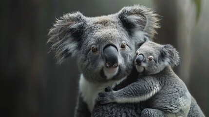 Obraz premium A koala mother with her joey clinging to her back.