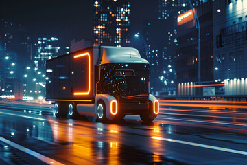Futuristic black truck with LED lights on the sides and roof driving in the city at night, Generative AI