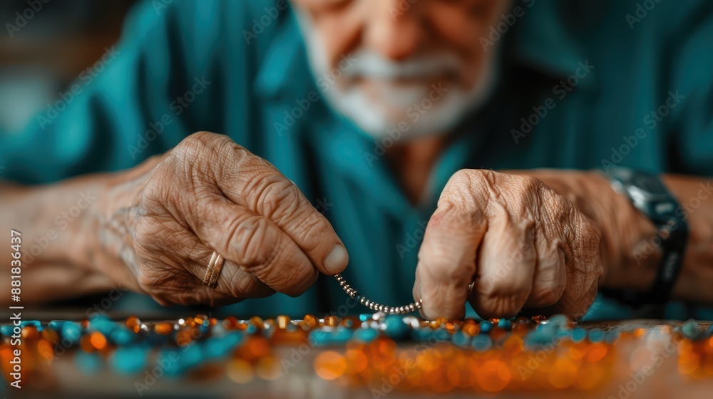 Poster an elderly hands shown meticulously threading small beads onto a string to create a beautiful piece 