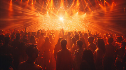 Concert spectators in front of a bright stage with live music. Concert crowd inside a festive concert hall, rock show performance, with people silhouette