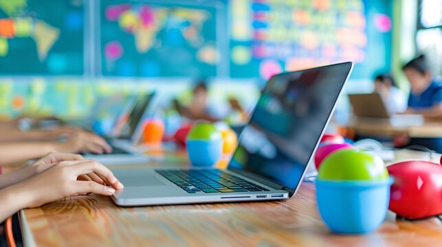 Teacher setting up a laptop and organizing digital resources Stock Photo with copy space