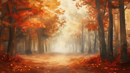 Painting of Autumn Path Through Colorful Forest. A serene path winds through a vibrant autumn forest, with trees displaying brilliant fall colors and soft sunlight filtering through.