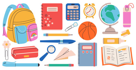 Big School supplies set. Cute school stationery collection. Backpack, book, notebooks, notepad, pen, pencils, marker, globe, alarm clock. for banner, poster, tag, scrapbooking. Vector hand draw 