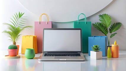 Vibrant colorful products arranged on a minimalist white background with sleek modern laptop and credit card, emphasizing seamless digital transactions.