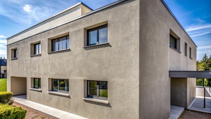 Freshly applied cement plaster on a residential building exterior with a smooth finish and a subtle grayish tone visible.