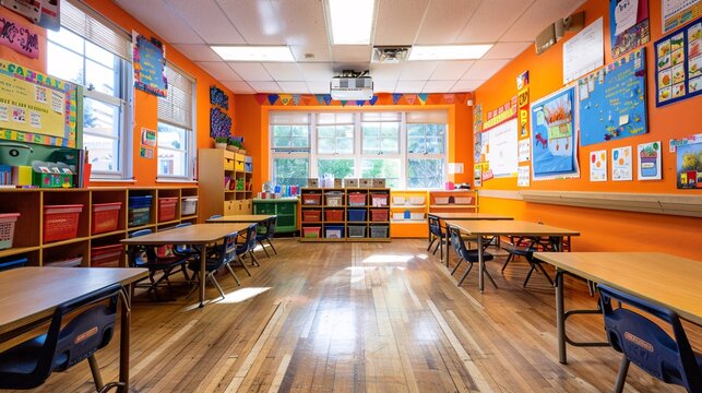 Teacher creating a welcoming classroom environment Stock Photo with copy space