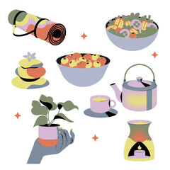 Wellness symbols, Vector illustrations set Wellness with Zen and Natural Elements. Stickers doodles, hand with plant, healthy food, yoga mat, candle with essences, incense, tea