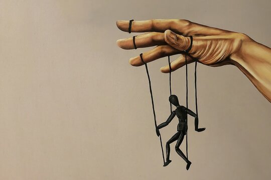 Puppet is controlled by hand - hidden power gives order. Metaphor of puppet state, manipulation, foreign or business supremacy, lobby, plot, corruption and conspiracy theory of New World Order