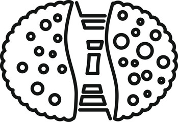 Line drawing of a chocolate chip cookie splitting open revealing gooey chocolate chips