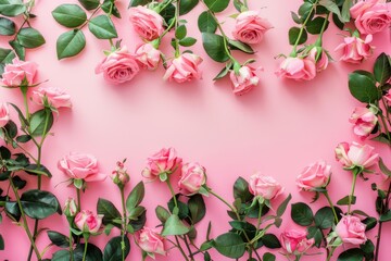 pink roses on pink background, greeting card, top view