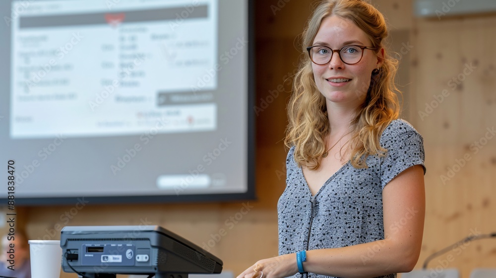 Poster Educator using a projector to display a presentation on environmental science Stock Photo with copy space