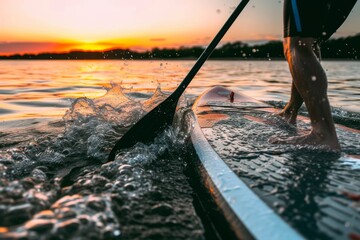 Close up of a Paddle-boarder Detail of a stand up paddle board. Stand up paddler at sunset, paddle board sport. A tourist practicing a water sport during his vacations. 