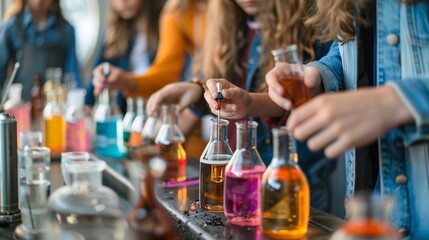 Teacher conducting a science class with hands-on activities Stock Photo with copy space