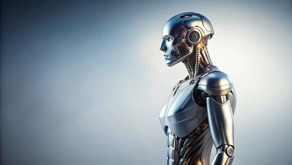 Illuminated, introspective, futuristic human-like robot head with glowing blue circuits, paused in thought, against a pure white, isolated backdrop.