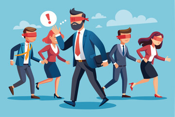 Blindfolded Businesspeople Following Leader in Crisis, Confusion and Unknown Situation Concept