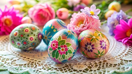Fototapeta premium Vibrant decorated eggs and festive pastel-colored flowers arranged artfully on a lace-covered tablecloth with soft blurred background lighting.