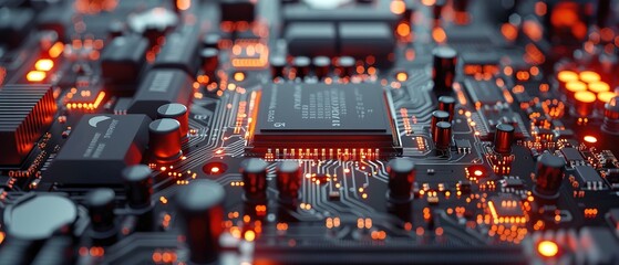 Obraz premium Detailed close-up of a computer motherboard showcasing intricate circuitry and components 