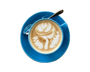 Top view or flat lay shot of hot coffee cappuccino latte art in a vintage cup and saucer isolated on white background