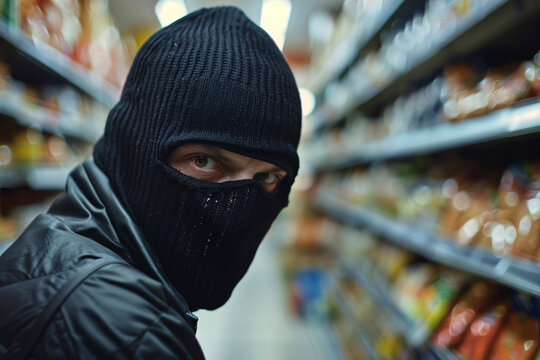 Man with face covered by black ski mask in supermarket