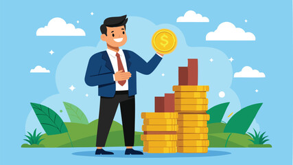 Businessman investor holding high stack of dollar coins, representing compound interest, profitable investments, and economic growth and prosperity © Rosie