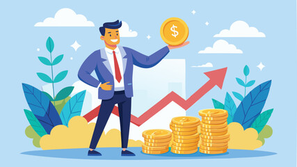 Businessman investor holding high stack of dollar coins, representing compound interest, profitable investments, and economic growth and prosperity © Rosie