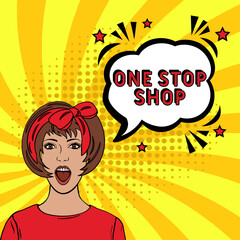 One stop shop Comic pop-art style. Contest pop art comic style. Can be used for business, marketing and advertising.