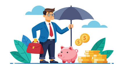 Businessman investor holding high stack of dollar coins, representing compound interest, profitable investments, and economic growth and prosperity © Rosie