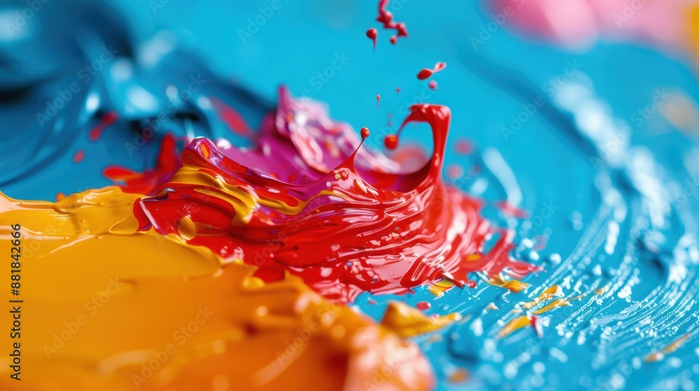 Poster an energetic splash of red, blue, and yellow paint creating a dynamic and textured surface, making i