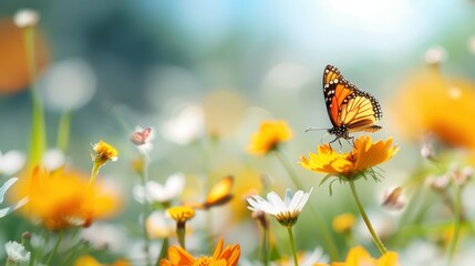 A vibrant monarch butterfly perched on wildflowers gleaming in bright sunlight, showcasing the beauty of nature in a colorful summer meadow, creating a serene scene.