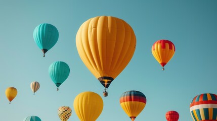 Obraz premium The image features a multitude of vibrant hot air balloons soaring against a bright blue sky, creating a lively and festive atmosphere with their diversity and color.