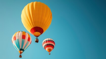 Obraz premium The image displays three colorful hot air balloons gracefully floating against a clear blue sky, highlighting their vibrant colors and peaceful atmosphere.