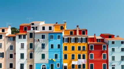 The image depicts tall, colorful buildings adorned with windows and balconies, each structure painted in a variety of bright colors, against a cloudless sky.