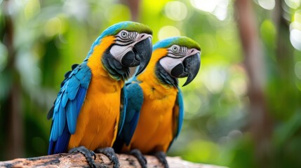 Two vivid blue and yellow parrots perch together on a tree branch with blurred green foliage in the background, showcasing their vibrant feathers and serene stance.