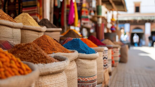 A traditional spice market with various colorful spices displayed in baskets, creating a vibrant and aromatic scene. Ideal for depicting cultural and culinary richness.