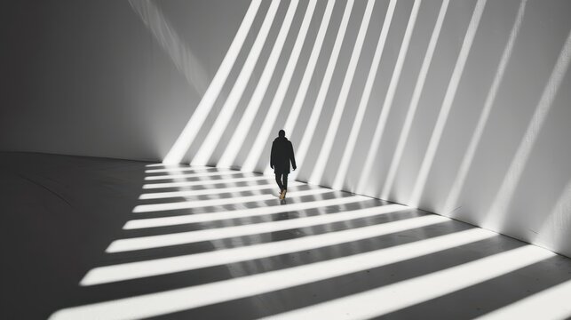 A person, silhouetted against a backdrop of dramatic light-stripes, walks alone in a minimalist, white-walled environment, evoking a sense of solitude and contemplation.