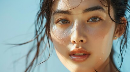 Create a close-up of a beautiful Asian model with clear, clean skin, looking directly at the camera with a soft smile.