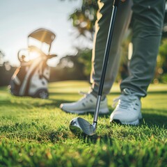 Top view of two men playing golf on a sunny summer day. Aerial view of the green golf course. Hitting the ball with a golf stick. An active type of recreation. Golf car. Generative AI