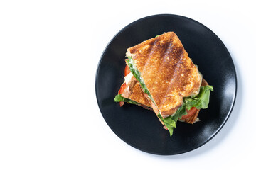 Healthy spinach, tomato and cheese sandwich isolated on white background. Top view. Copy space