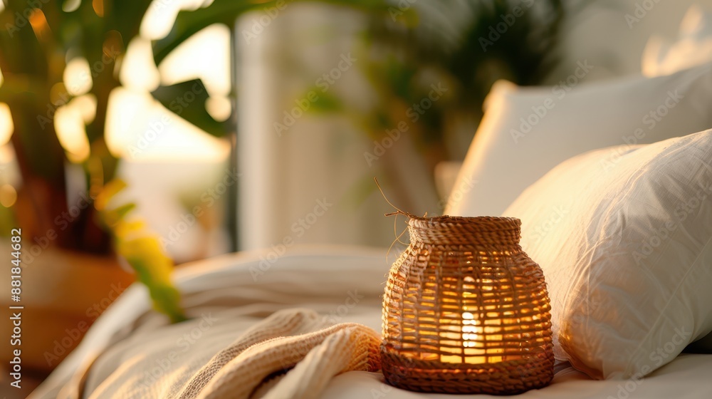 Poster the image captures a wicker lantern glowing on a neatly made bed, creating a serene and cozy atmosph