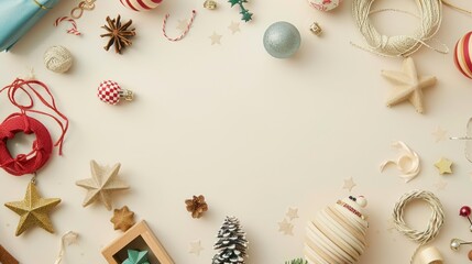 Naklejka premium Flat lay on a light background with simple childish decorations and empty space in the center.