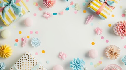 Fototapeta premium Flat lay on a light background with simple childish decorations and empty space in the center.