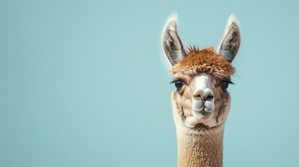 Obraz premium Highly detailed portrait of a regal alpaca against a tranquil light blue backdrop, showcasing its natural beauty
