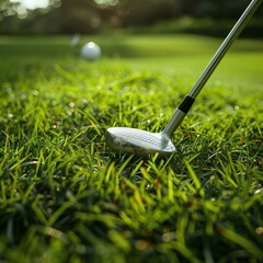 Top view of two men playing golf on a sunny summer day. Aerial view of the green golf course. Hitting the ball with a golf stick. An active type of recreation. Golf car. Generative AI