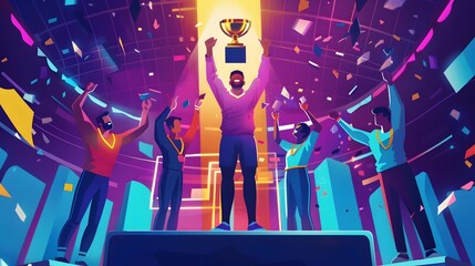 Digital illustration of a champion standing proudly on a podium, holding a gold trophy, with silver and bronze medalists on either side, celebrating their achievements in a sports arena.