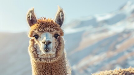 Obraz premium Ultra-sharp and detailed image of a noble alpaca with a soft light blue backdrop, perfect for nature enthusiasts and photographers