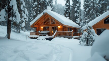 A peaceful log cabin nestled in a serene snowy forest setting, illuminated warmly from inside, offering a tranquil retreat away from the hustle and bustle.