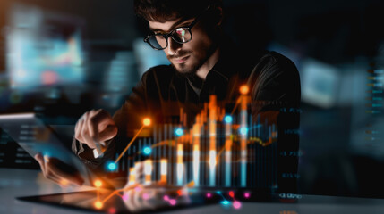 Advanced business with holographic interface showing data visualizations