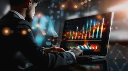 Advanced business with holographic interface showing data visualizations